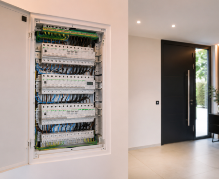 Tableau électrique ouvert lors d’une intervention – Naoned Électricité