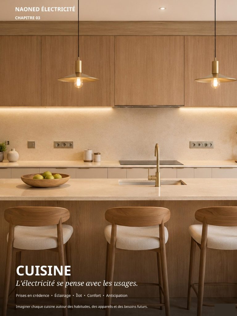 Catalogue inspirations — Cuisine Couverture du catalogue Cuisine : cuisine en bois clair avec îlot et suspensions.