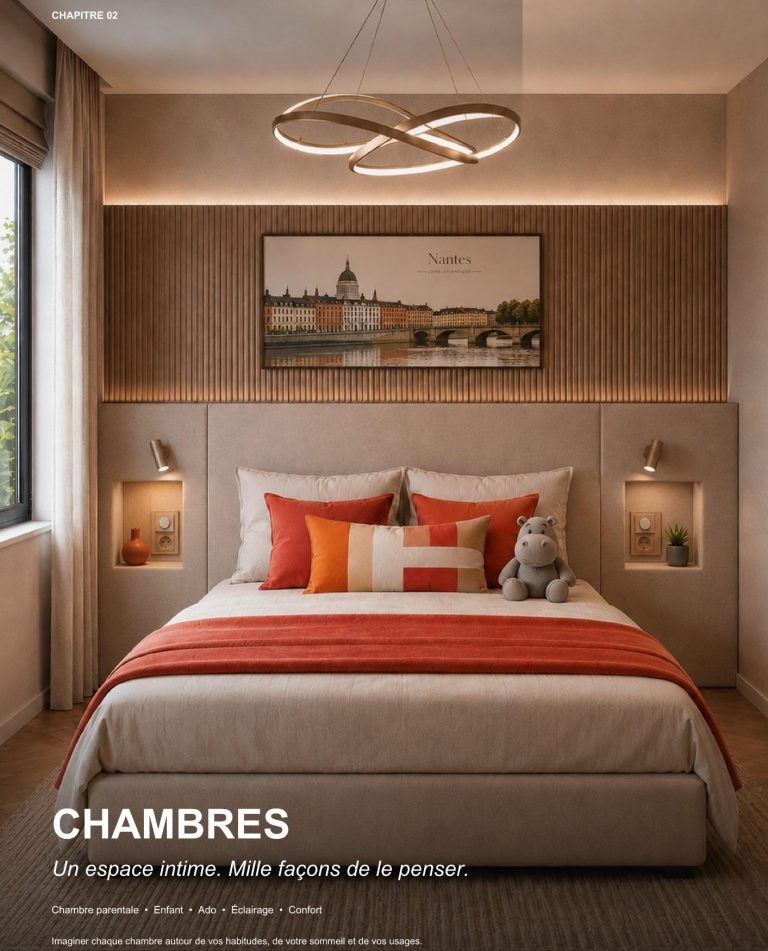 Catalogue inspirations — Chambre Couverture du catalogue Chambres : lit aux tons orangés et éclairage autour de la tête de lit.