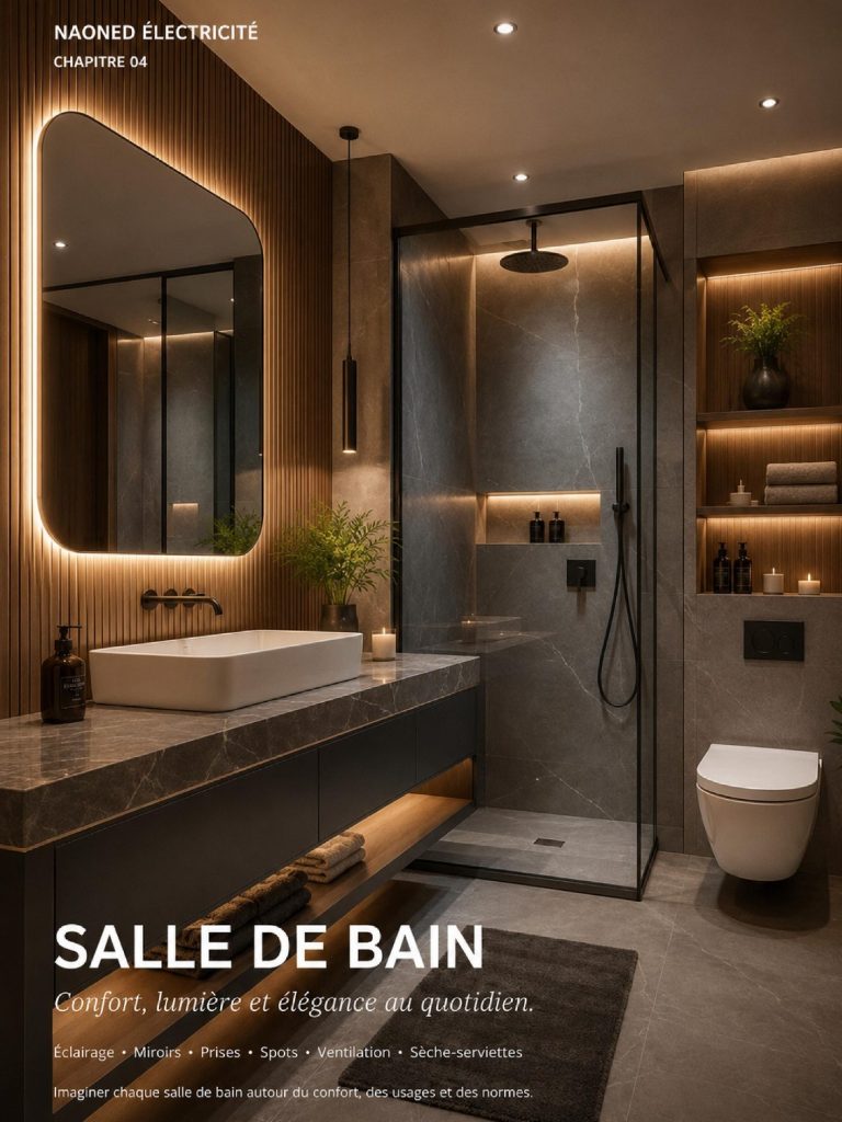 Catalogue inspirations — Salle de bains Couverture du catalogue Salle de bain : vasque, miroir lumineux et douche dans des tons foncés.