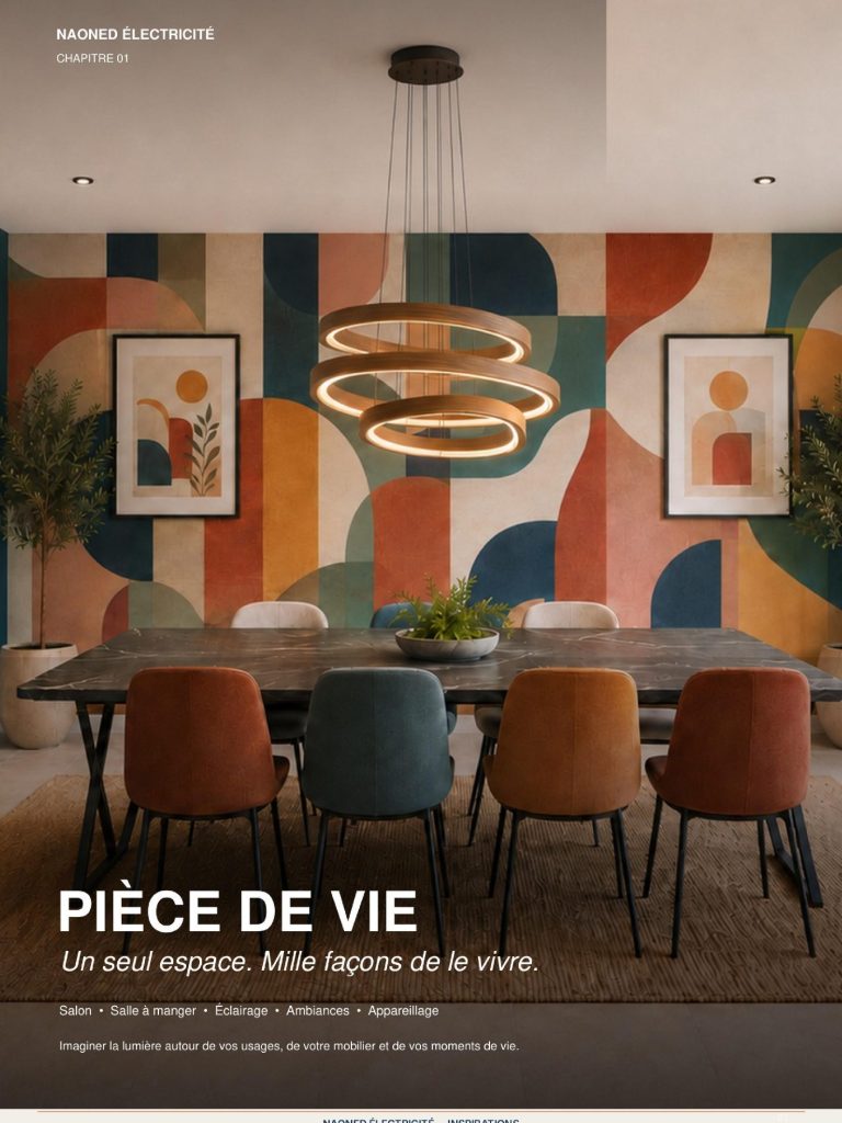 Catalogue inspirations — Pièce de vie Couverture du catalogue Pièce de vie : salle à manger colorée et suspension à anneaux.